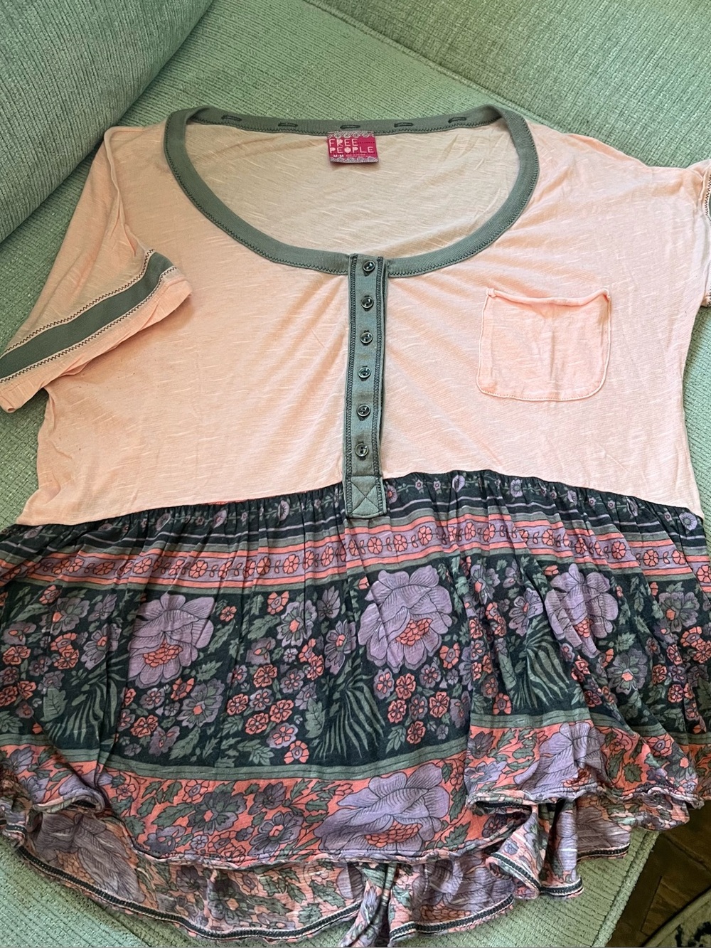 Free People Light Peach Henley with Gray Trim